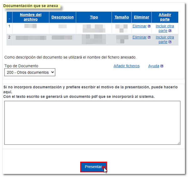 Section of the AEAT form to attach the documents, with the Presentar button
