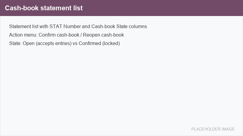 Statement list showing the STAT number and cash-book state, with the Action menu