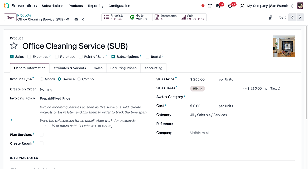 A basic subscription product form in the Odoo Subscriptions application.