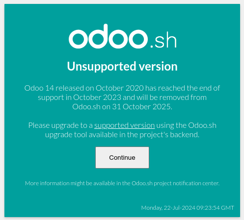 La ventana emergente de "versión no compatible" en Odoo.sh.