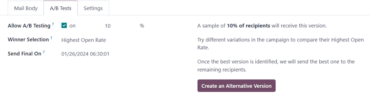 Az A/B tesztek lapjának nézete az Odoo Email Marketing alkalmazásban.
