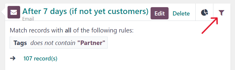 Hogyan néz ki egy kampánytevékenység szűrőfül az Odoo Marketing Automation-ben.
