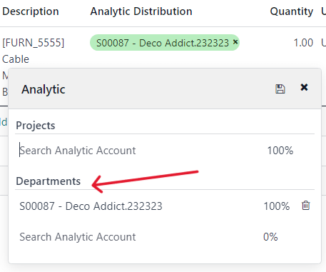 Hogyan válasszuk ki az Analytic Distribution osztályt egy beszerzési rendelésből az Odoo-ban.