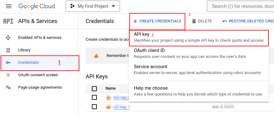 Hozzon létre API-kulcsot a Google API konzolon.