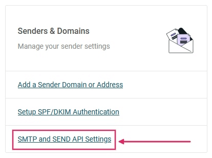 Az SMTP és Send API beállítások hivatkozása a Mailjet Feladók és domainek részében.