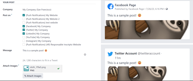 Vizualizált minták a bejegyzésről az újonnan csatolt képekkel az Odoo Social Marketingben.