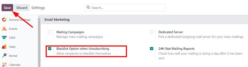 A feketelista funkció nézete az Odoo Email Marketing alkalmazás Beállítások oldalán.