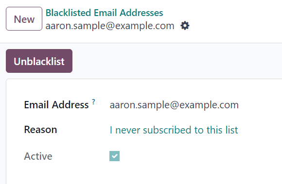 Egy tiltólistás kapcsolat részletező űrlapjának nézete az Odoo Email Marketingben.