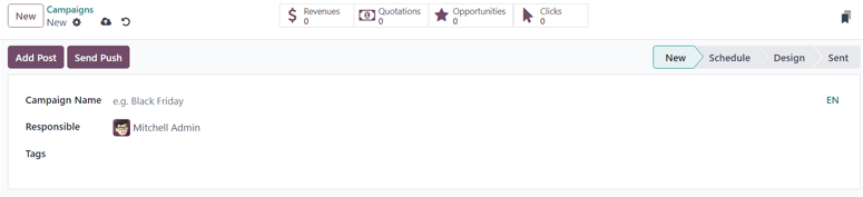 Az üres kampány űrlap nézete az Odoo Email Marketingben.