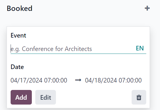 Tipikus üres kanban kártya kitöltésre az Odoo Events alkalmazásban.