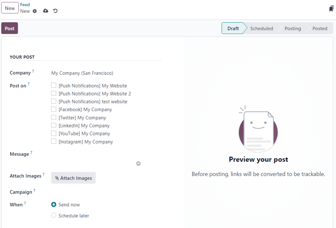 Üres közösségi média bejegyzés részletes oldal az Odoo Social Marketing-ben.