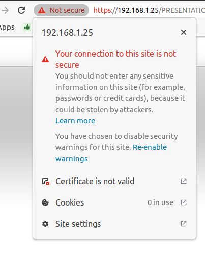 Kapcsolat a nyomtatóval nem biztonságos gomb a Google Chrome böngészőben.