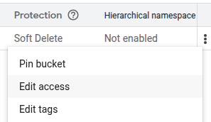 Egy Google Cloud tárgyűjtő "Hozzáférés szerkesztése" műveletének elérése