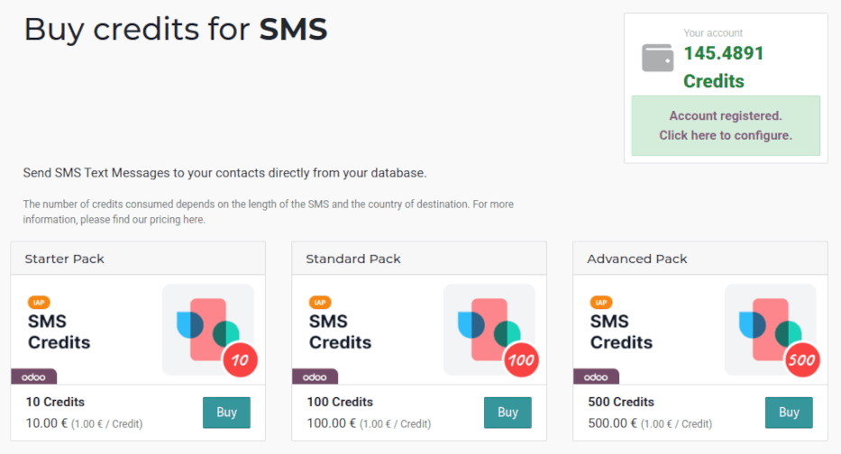 Az SMS-szolgáltatás oldala az IAP.Odoo.com-on, ahol négy megvásárolható kreditcsomag érhető el.