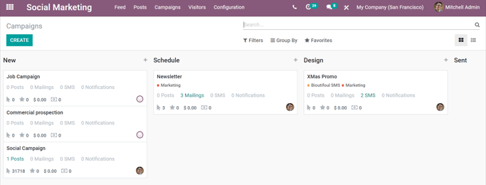 A kampányok oldalának nézete az Odoo Social Marketing alkalmazásban.