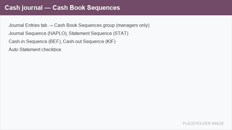 A Cash Book Sequences csoport a pénztárnapló űrlapján