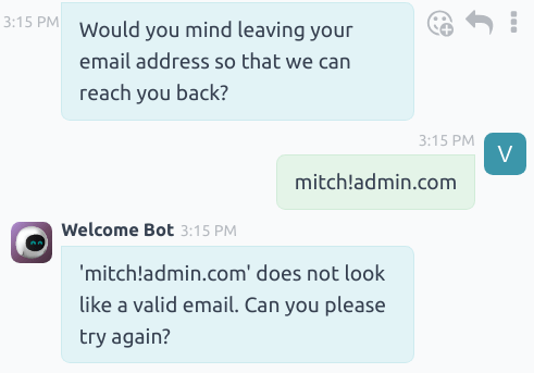 Egy chatbot nézete, amely egy érvénytelen e-mailre válaszol.
