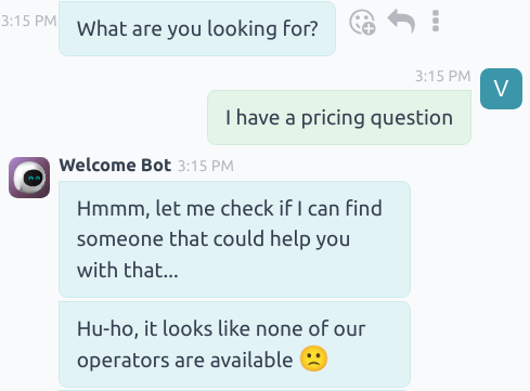 A chatbot követő üzeneteinek nézete, amikor nincs elérhető élő chat operátor.