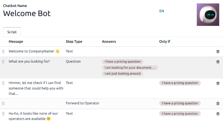A Welcome Bot szkript nézete az Odoo Live Chat-ben.