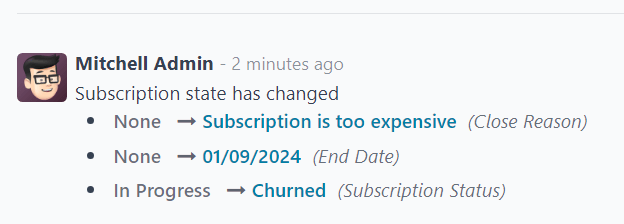 Az Odoo Subscriptions rendszerben egy lezárt előfizetéshez tartozó értékesítési rendelés csevegése.
