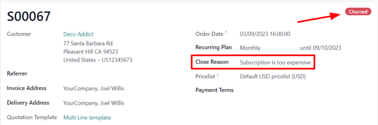 Egy megszűnt értékesítési rendelés egy lezárt előfizetéshez az Odoo Subscriptions-ban.