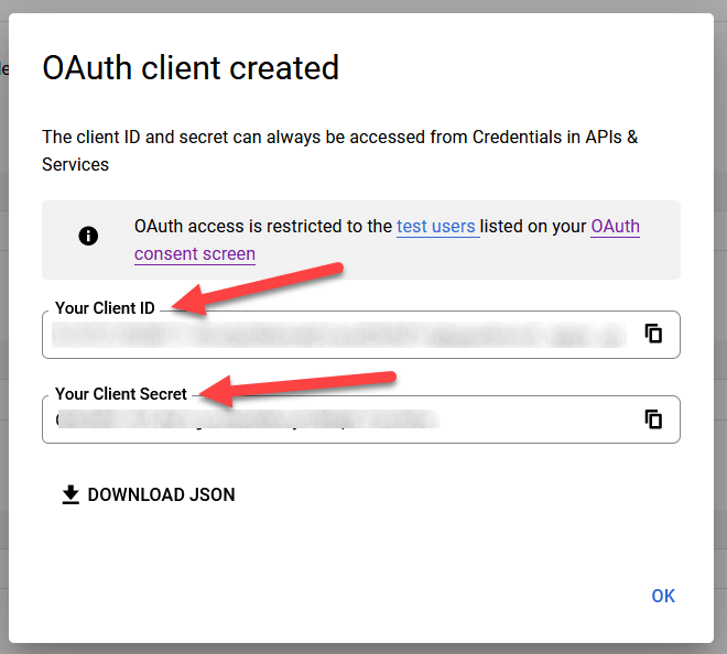 Ügyfél-azonosító és Ügyfél titkos kulcsa a Google OAuth-hoz.