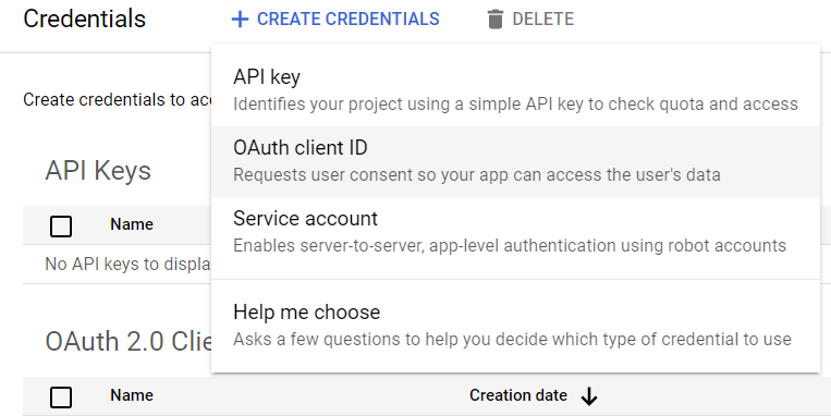 OAuth-ügyfél azonosítójának kiválasztása.