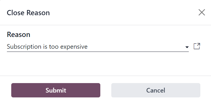 A Lezárási ok felugró ablak, amikor a Lezárás gombra kattintanak az Odoo Subscriptions-ban.