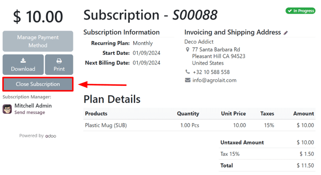 Előfizetés lezárása gomb az ügyfél nézetében az Odoo Subscriptions értékesítési rendelésén.