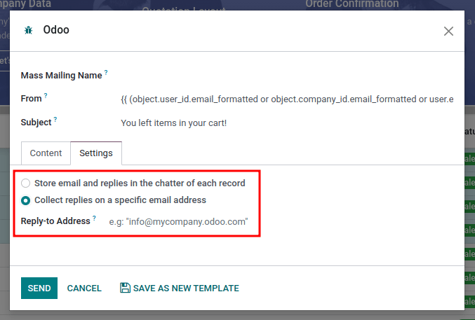 Email szerkesztő tömeges levelezési módban, kiemelt válasz mezővel.