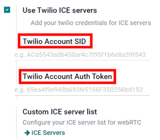 Engedélyezze a "Twilio ICE-kiszolgálók használata" lehetőséget az Odoo Általános beállításaiban.