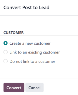Az Odoo Social Marketing rendszerben megjelenő konvertálás posztról leadre felugró ablak.