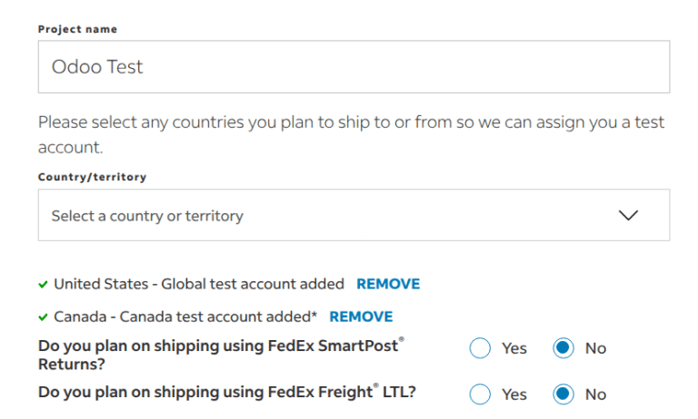 A FedEx webhelyének oldala, ahol a felhasználók kiválasztják a szállítási célországokat és a feladási országokat.