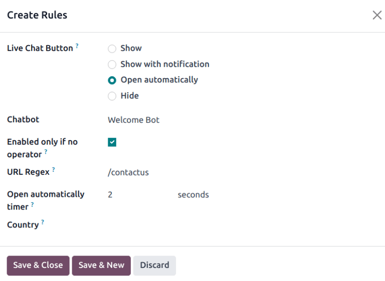 Egy csatorna szabályainak űrlapjának nézete az Odoo Live Chat számára.