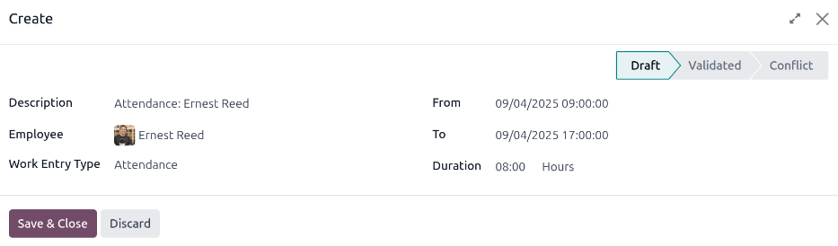 A munkabejegyzés létrehozási űrlapjának kitöltése Odoo-ban.