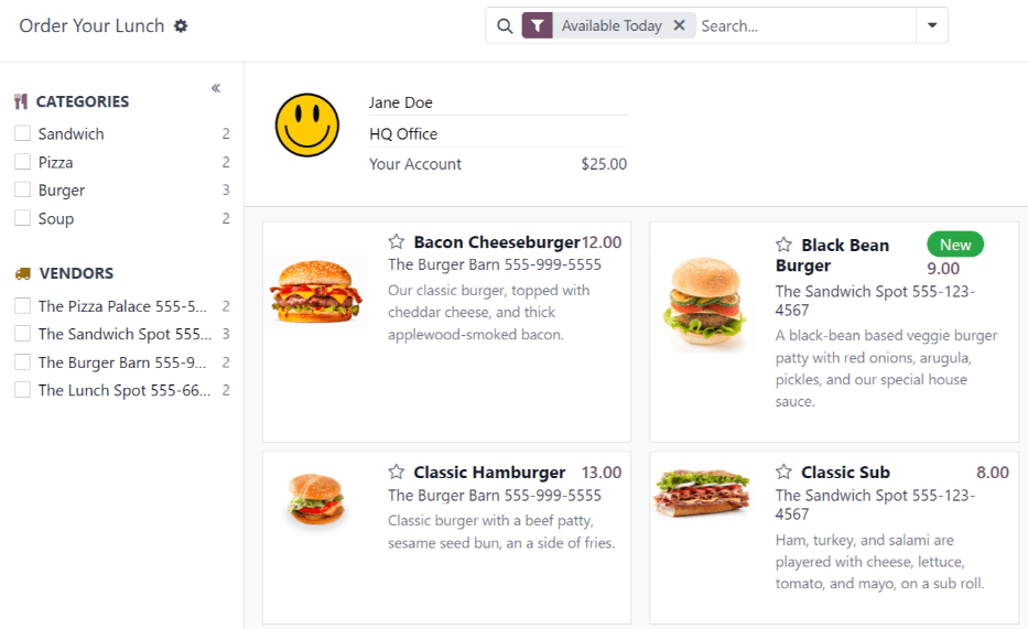 A Lunch alkalmazás irányítópultja.