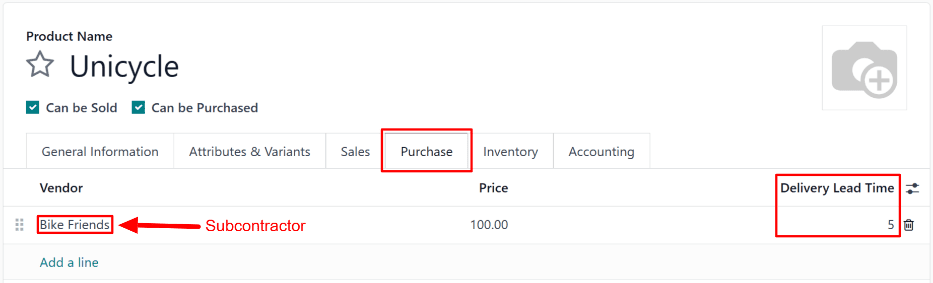 Az alvállalkozó szállítási átfutási ideje mező, a termék oldalának Purchase fülén.