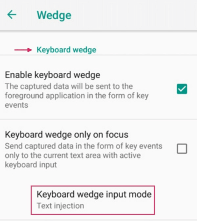 Wedge konfigurációs menü Datalogic szkennerén.