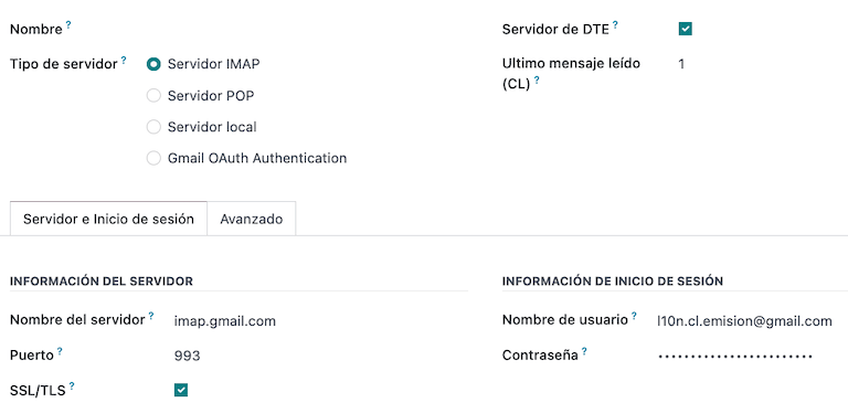 Bejövő e-mail szerver konfigurálása a chilei DTE rendszerhez.