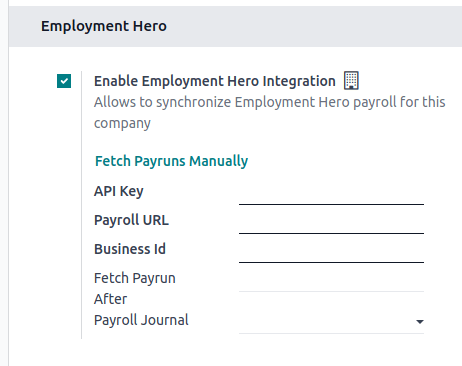 Az Employment Hero integráció engedélyezése az Odoo Accountingban új mezőket jelenít meg a beállításokbanAz Employment Hero integráció engedélyezése az Odoo Accountingban új mezőket jelenít meg a beállításokbanAz Employment Hero Integráció engedélyezése az Odoo Számvitelben új mezőket jelenít meg a beállításokban