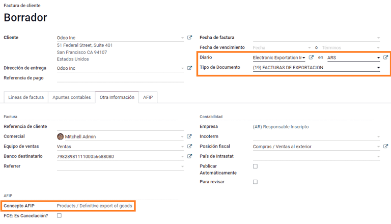 Az exportszámla mezői automatikusan kitöltve az Odoo-ban.