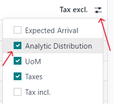 Hogyan adható hozzá az analitikus elosztás oszlop a beszerzési rendelés űrlaphoz az Odoo Purchase-ben.