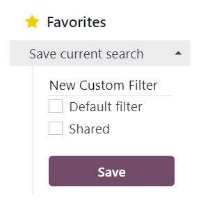 A Kedvencek legördülő menü nézete az Odoo Email Marketing alkalmazásban.