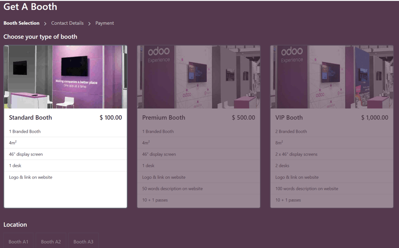 Tipikus Get A Booth oldal az esemény weboldalán az Odoo Events alkalmazáson keresztül.