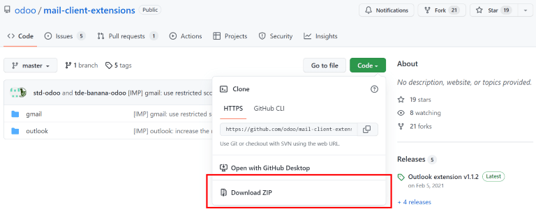 Töltse le a ZIP-fájlt az Odoo GitHub-tárolójából a Mail-bővítményekhez.