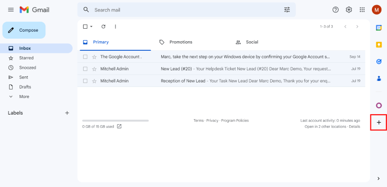 Plusz jel ikon a Gmail beérkező levelek oldalpanelén.