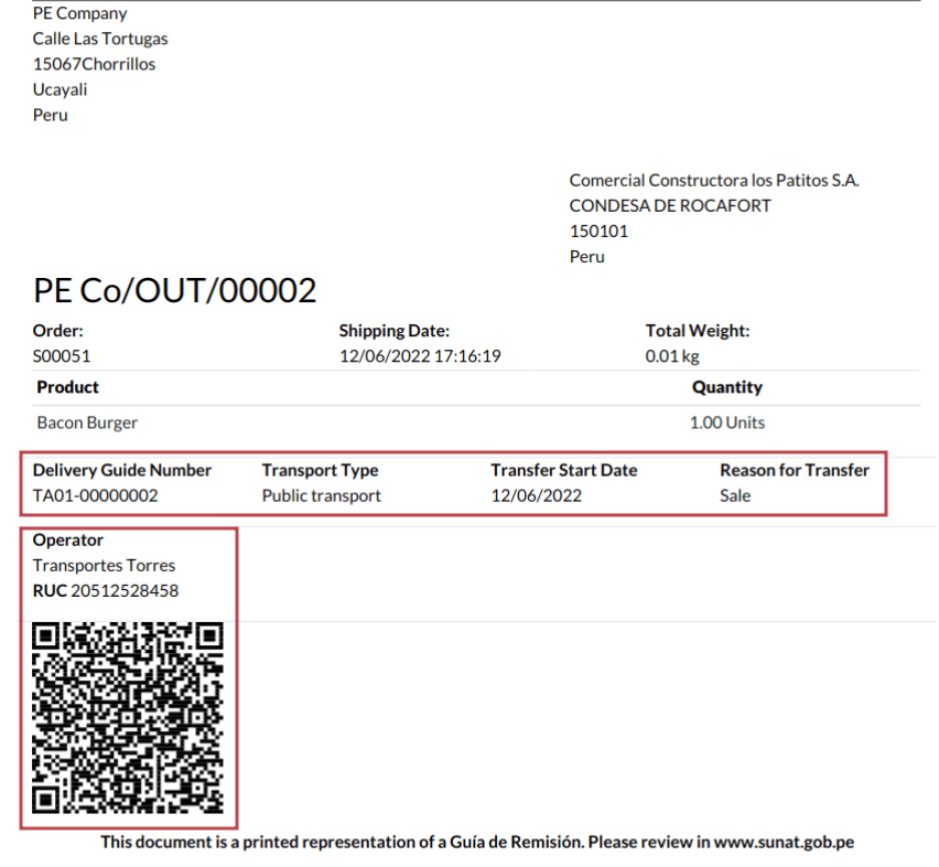 Átadási részletek és QR-kód a generált szállítólevélen.
