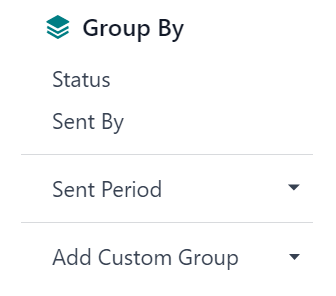 A Csoportosítás legördülő menü nézete az Odoo Email Marketing alkalmazásban.