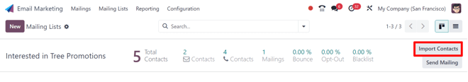 Az importálási kapcsolatok gomb egy levelezési lista sorában az Odoo Email Marketingben.