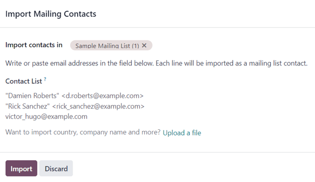 Az importálási levelezési kapcsolatok felugró űrlap, amely megjelenik az Odoo Email Marketingben.